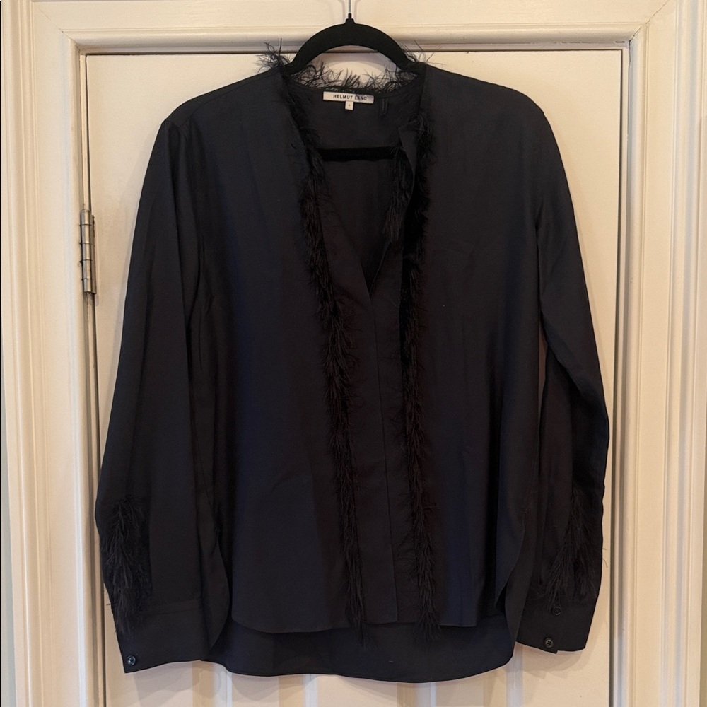 Helmut Lang Charcoal Feather-Trim Top - Size Small